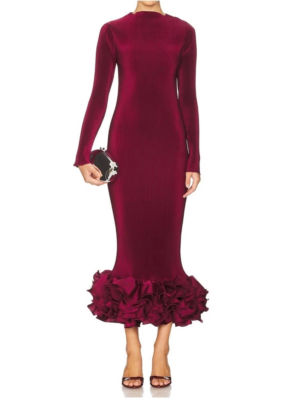 L’IDEE Campbell Wine Pleated Ruffle Hem Cocktail Midi Dress REVOLVE